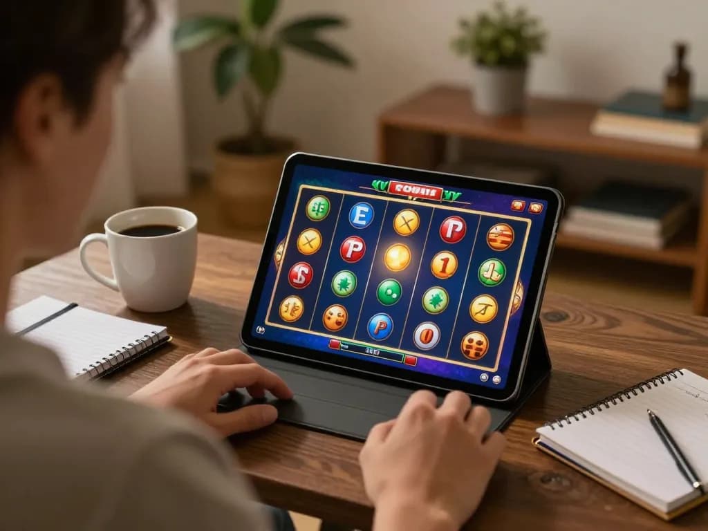 Engaging online gameplay at LGOSUPER with vibrant slots on tablet, cozy home atmosphere.