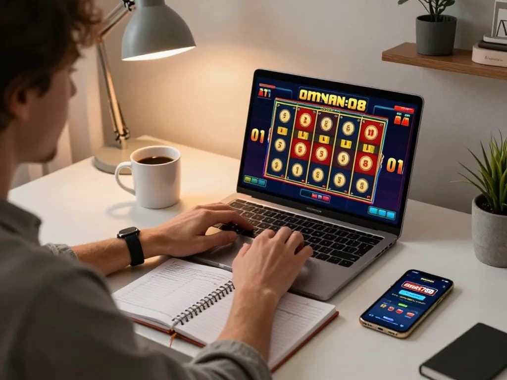 Seseorang bermain di permainan slot online aman788, memperlihatkan gulungan yang cerah dan uang tunai di kantor rumah yang nyaman.