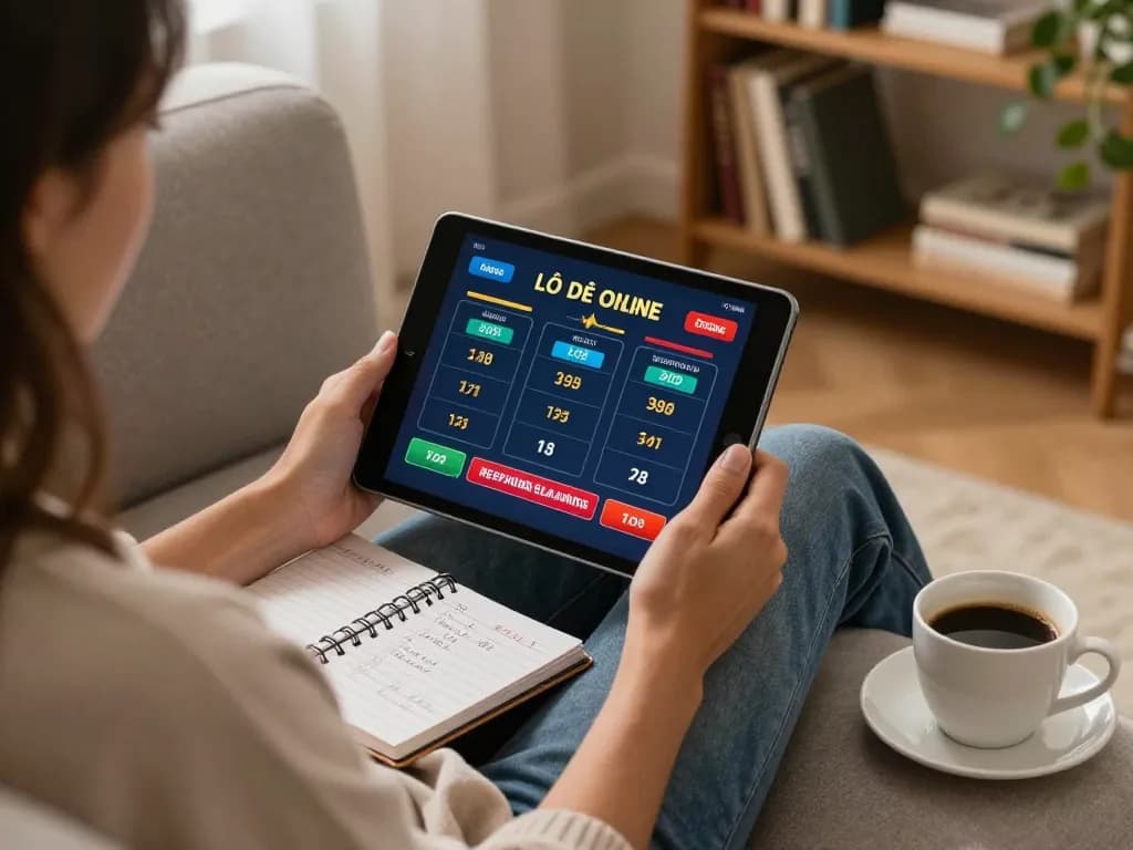 Lô đề online gaming experience on a tablet, with strategic notes and cozy home setting.