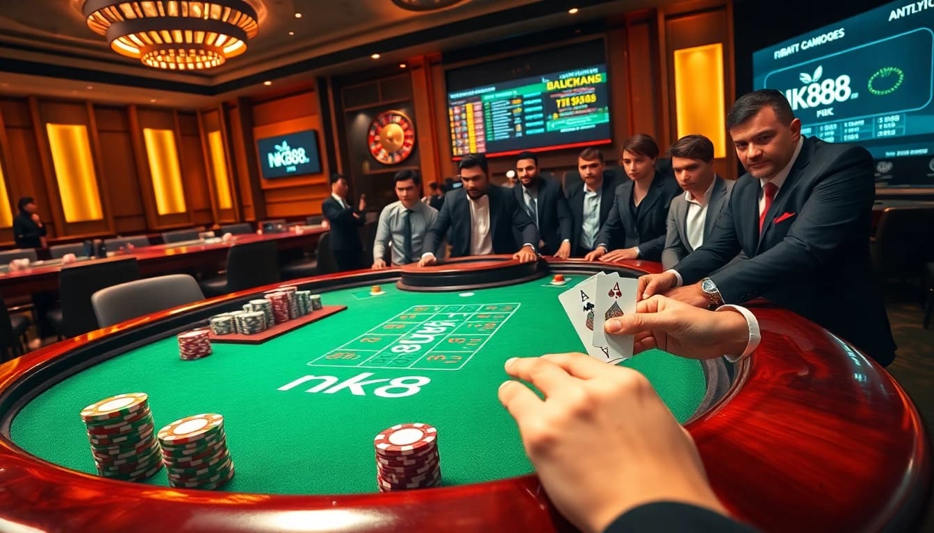 Professional gamblers engaging with the nk88 branded blackjack table amid vibrant chips and live betting screens