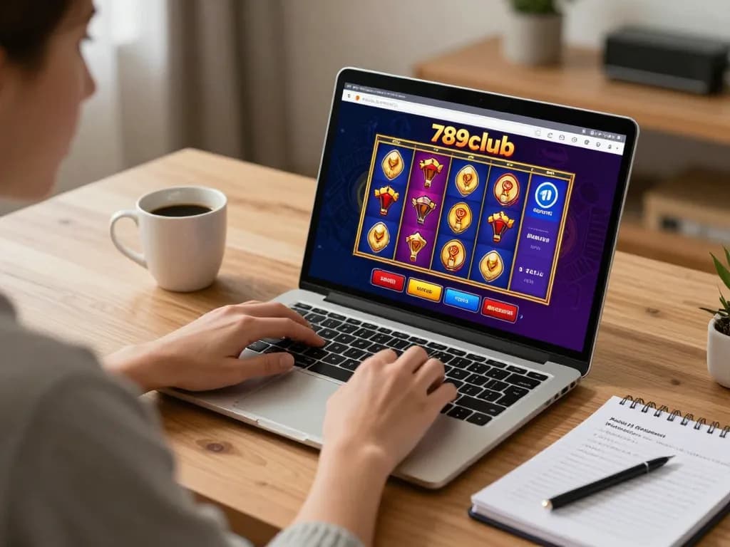 Engaging with 789club online casino on a laptop while tracking bankroll management at home.