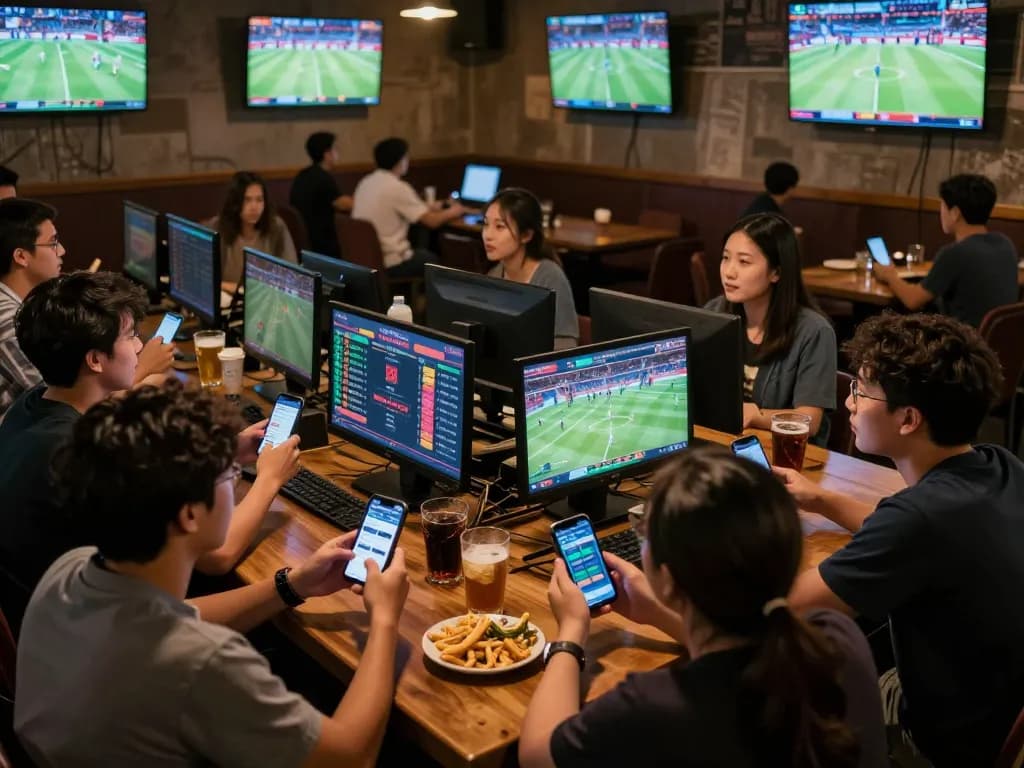 Tỷ Lệ Bóng Đá betting excitement in a lively sports bar with friends engaged in dynamic wagering