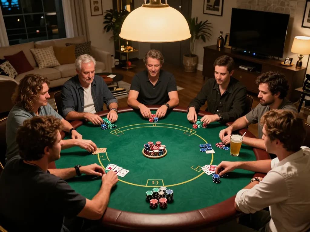 Các người chơi Go88 đang lập chiến lược trong một trò chơi poker tại nhà thú vị, xung quanh là đồ ăn nhẹ và đồ uống.