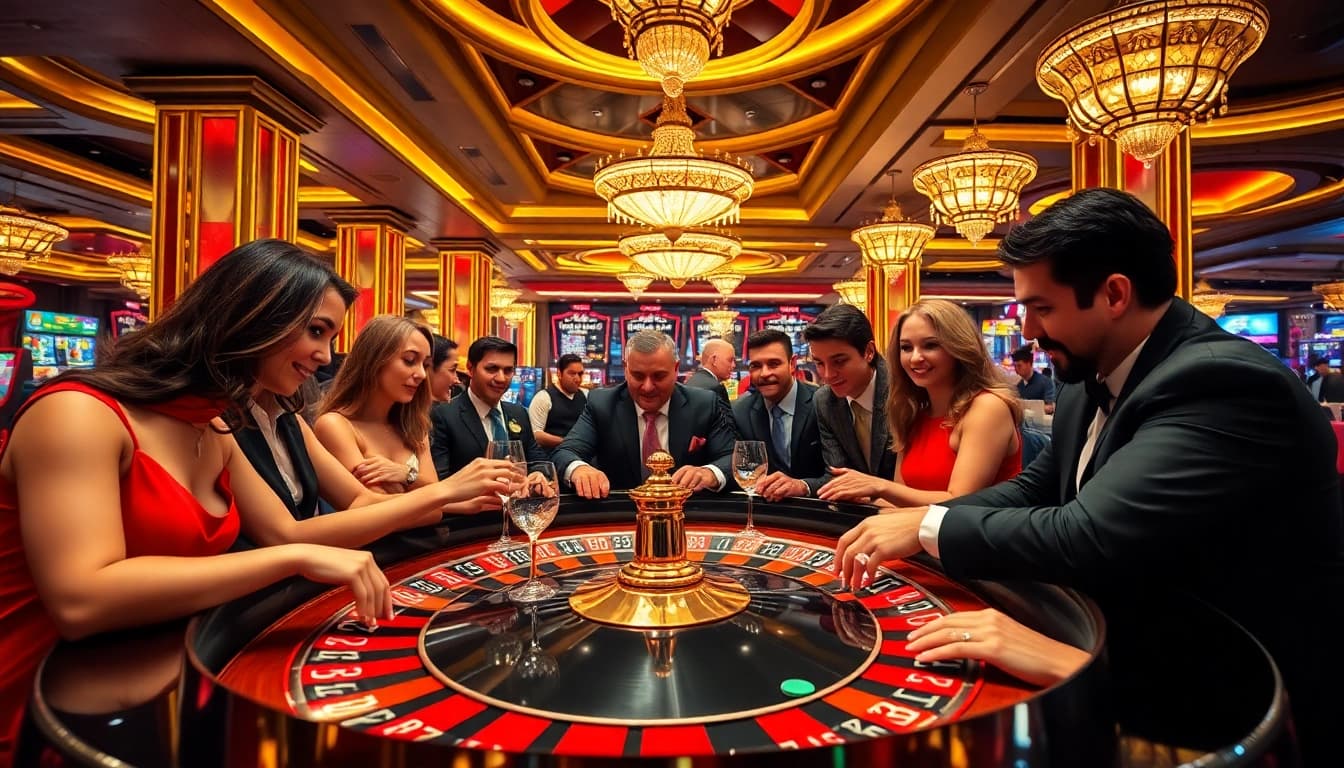Players enjoying top casinos with excitement at a roulette table in a vibrant casino setting.