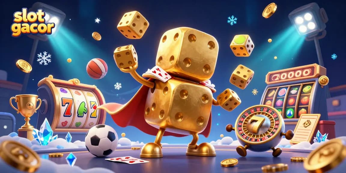 Permainan slot gacor dengan karakter dadu emas dan elemen slot yang menarik