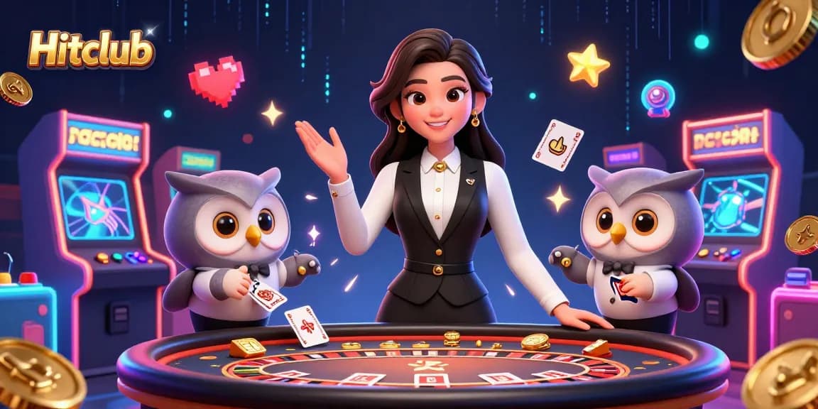 Engage with thrilling games at Hitclub, featuring a charming dealer and vibrant gaming elements.