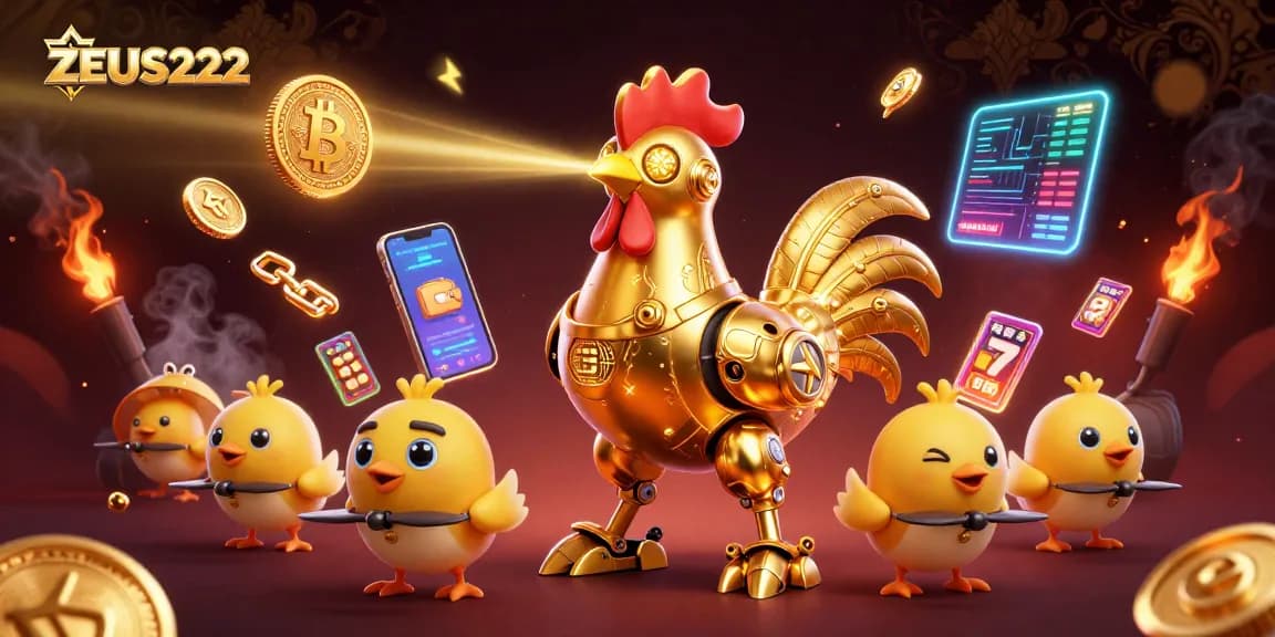 Experience ZEUS222 in action with a dazzling scene of golden rooster robots and thrilling casino elements.
