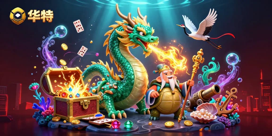 华体会的幻彩场景，巨大的翡翠龙和幸运鹤在赌场中互动，象征着财富与好运。