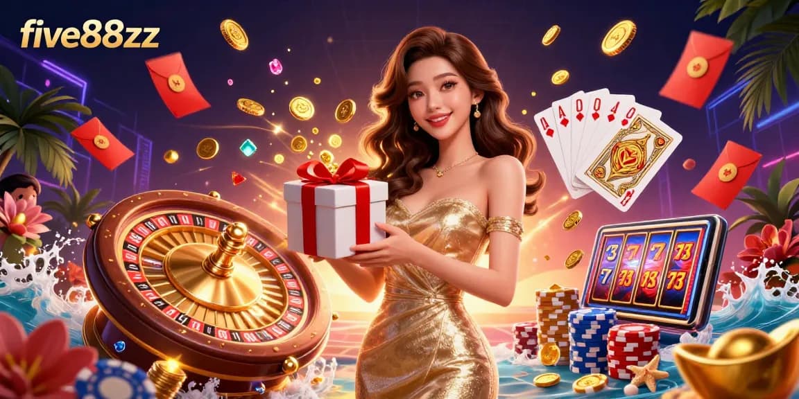 Experience the festive atmosphere at five88zz with a stunning illustration of a welcoming woman holding a gift box in a casino setting.