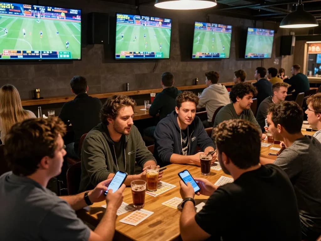 Engaged sports fans placing bets using kp88 app at a lively sports bar during live games