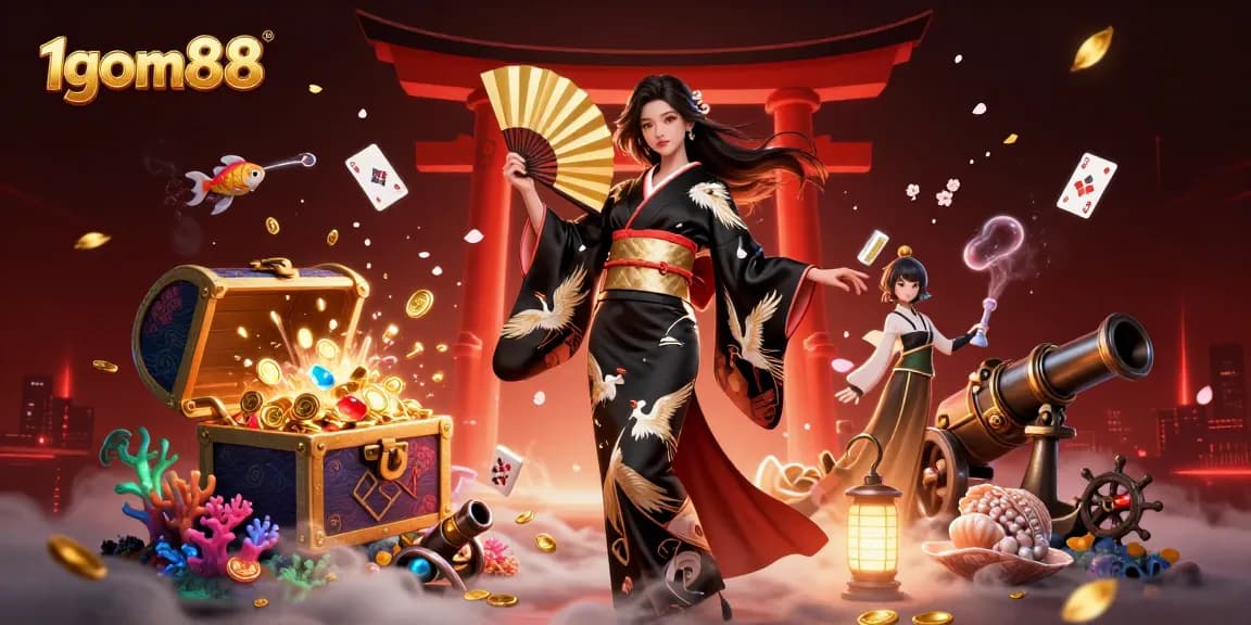 Experience the excitement with 1gom88 as an elegant woman holds a folding fan amidst falling sakura petals and golden leaves.