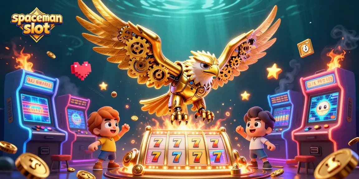 Experience the thrill of spaceman slot with a 3D golden eagle amidst vivid slot reels and arcade games.