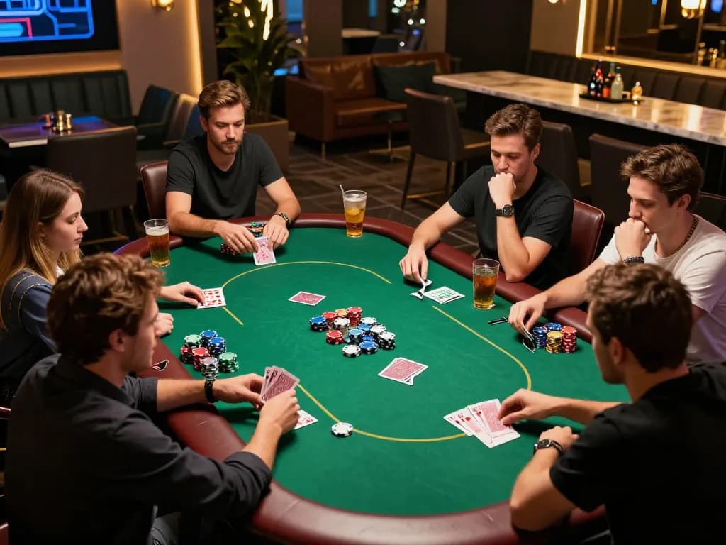 Engaged players at mb88slot poker table, vibrant chips and focused gameplay atmosphere.