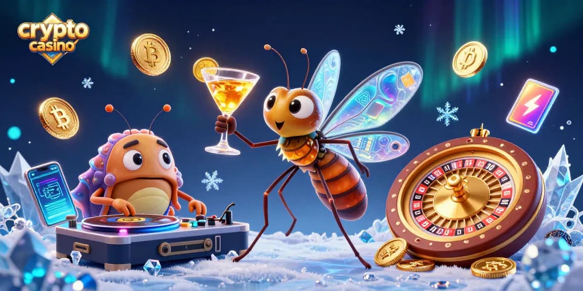 Engage with the crypto casino world in this vibrant 3D scene featuring unique characters and dynamic gaming elements.