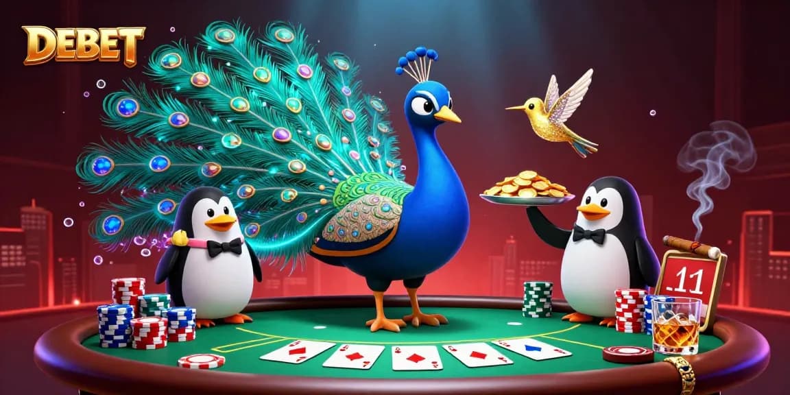 DEBET showcases thrilling poker action with an artistic peacock, a butler penguin, and a hummingbird in a vibrant casino scene.