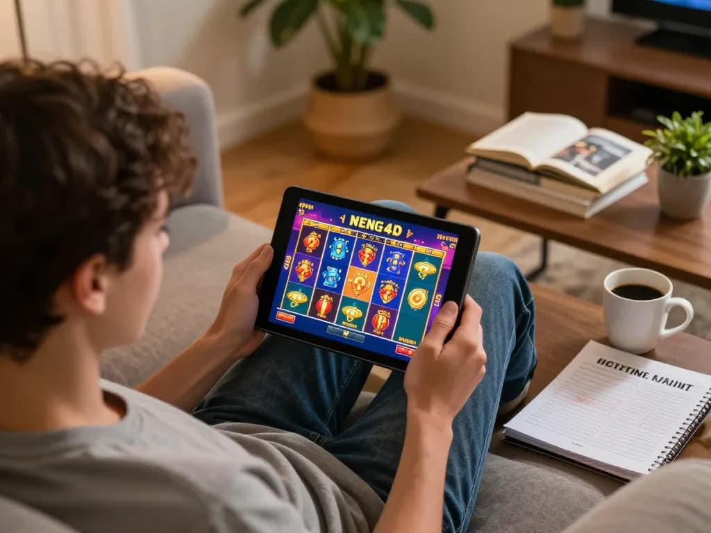 NENG4D slot gameplay on tablet while relaxing at home with coffee and strategy notes.