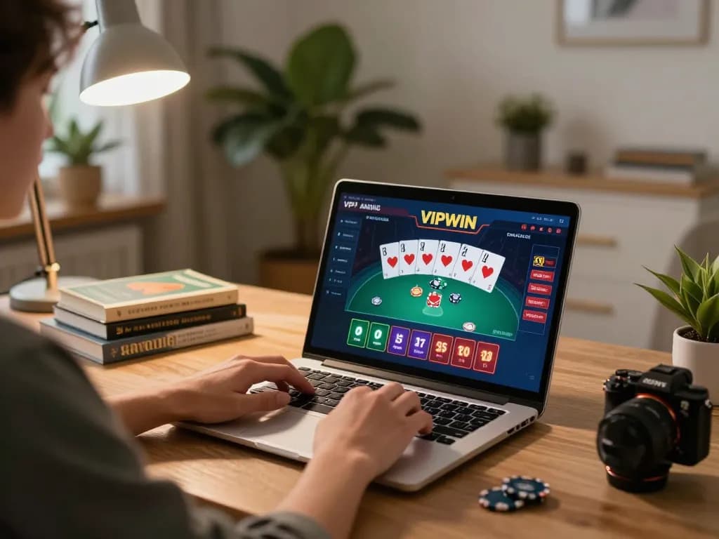 Engaged player exploring VIPWIN poker strategy online from a cozy home setup.