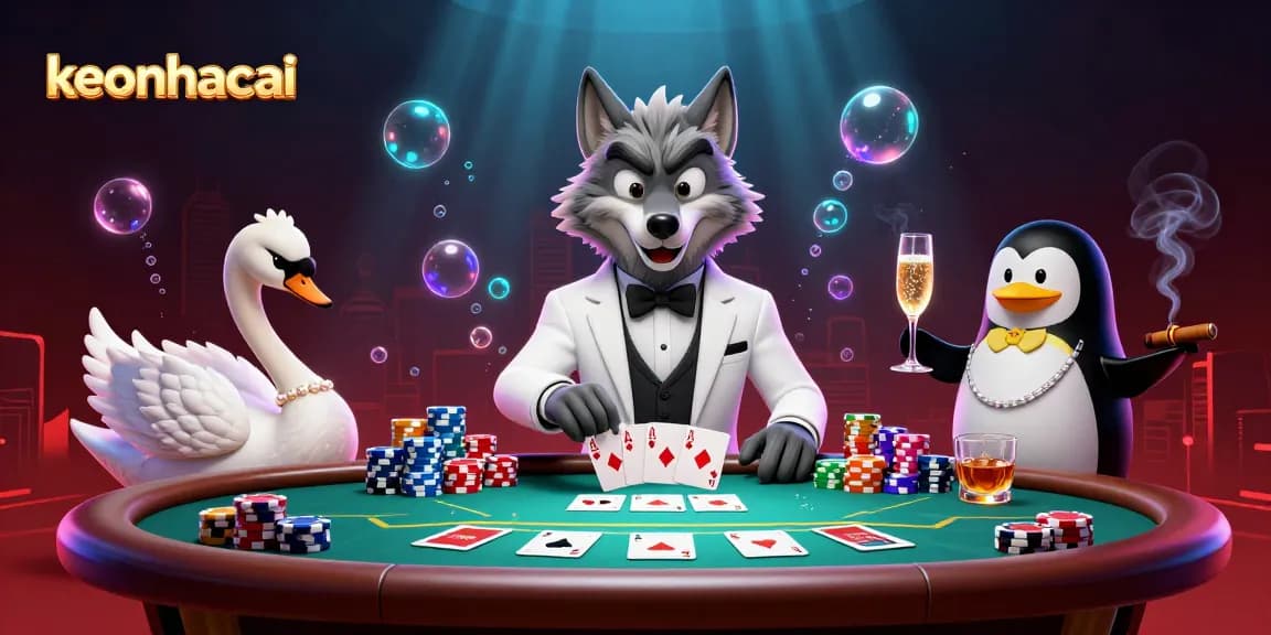 Engage with keonhacai's thrilling baccarat scene featuring a stylish wolf and card dealer swan.