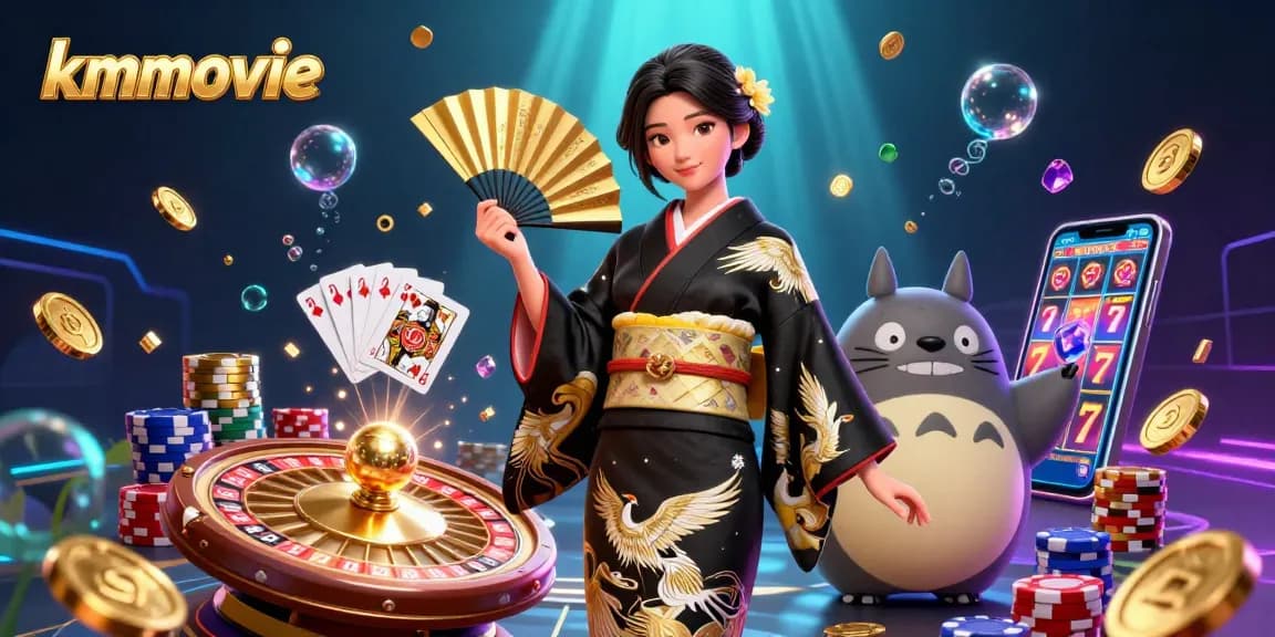 Spin the reels with kmovie as an elegant Asian woman and a wise tanuki celebrate a vibrant casino scene.