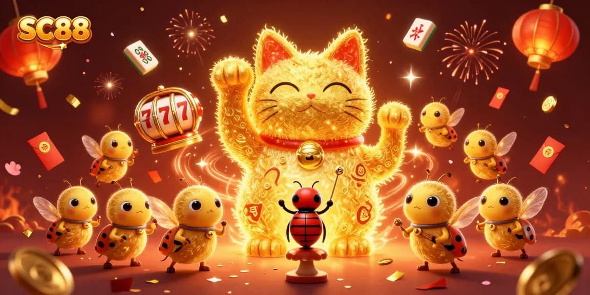 SC88 displays vibrant casino excitement with a lucky cat and golden fireflies illustration.