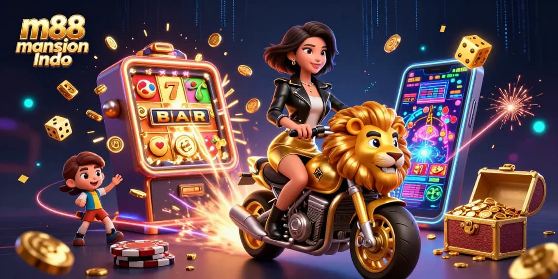 Rasakan sensasi m88 Mansion Indo dengan adegan dinamis yang menampilkan jackpot menang dan elemen kasino yang hidup.