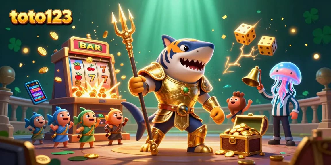 Experience the excitement of toto123 with a vibrant underwater casino scene featuring a tiger shark and dynamic game elements.
