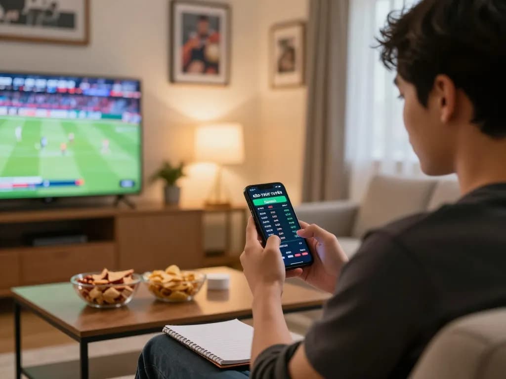 KÈO TRỰC TUYẾN displayed on smartphone during a friendly home sports betting session.