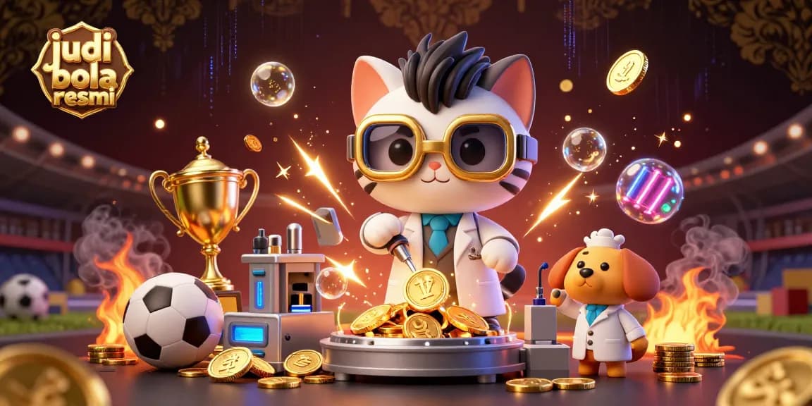 Engage in judi bola resmi excitement with a cartoon scientist and dog surrounded by betting tokens and sports elements.
