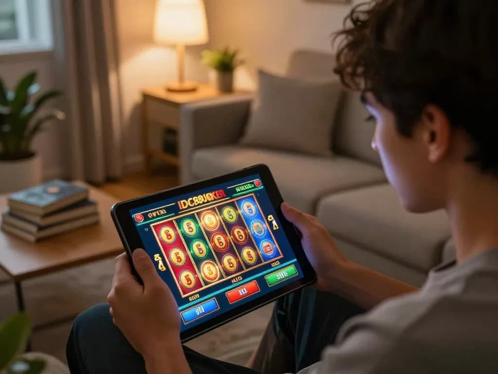 IDC88JOKER player enjoying an immersive online slot experience at home with tablet.
