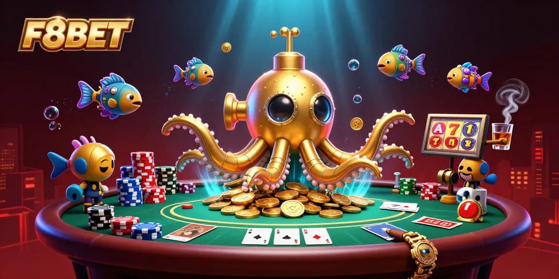 Engage with F8BET's exciting casino experience featuring vibrant poker tables and golden kraken elements.