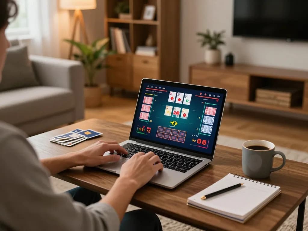 Engaging online poker session on OPEN88 platform in a cozy home setting, highlighting responsible gaming