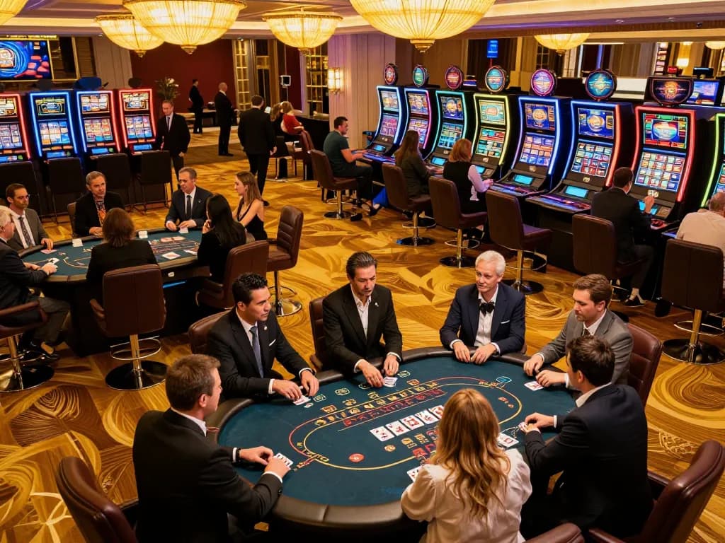 Players enjoying table games at Sunwin casino, showcasing vibrant atmosphere and strategic betting actions.