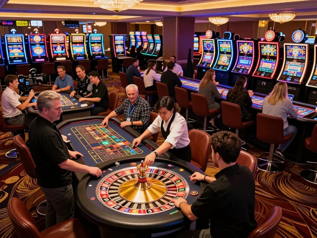 Experience the thrill of okwin gambling with players at an exciting roulette table in a luxurious casino setting.