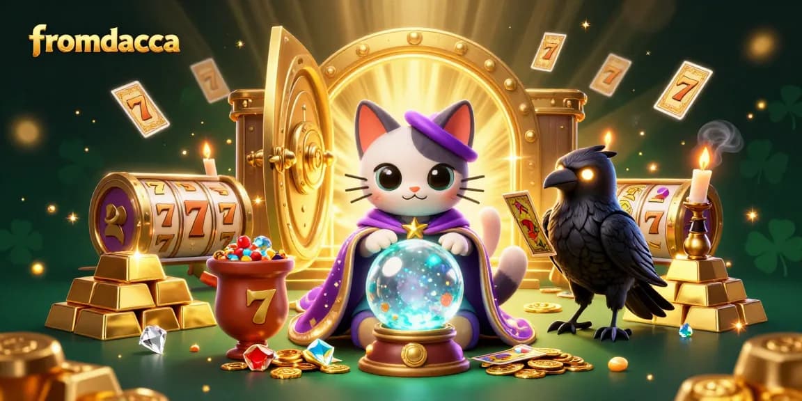 Experience thrilling gaming with fromdacca's vibrant 3D illustration featuring mystical elements and exciting slot details.