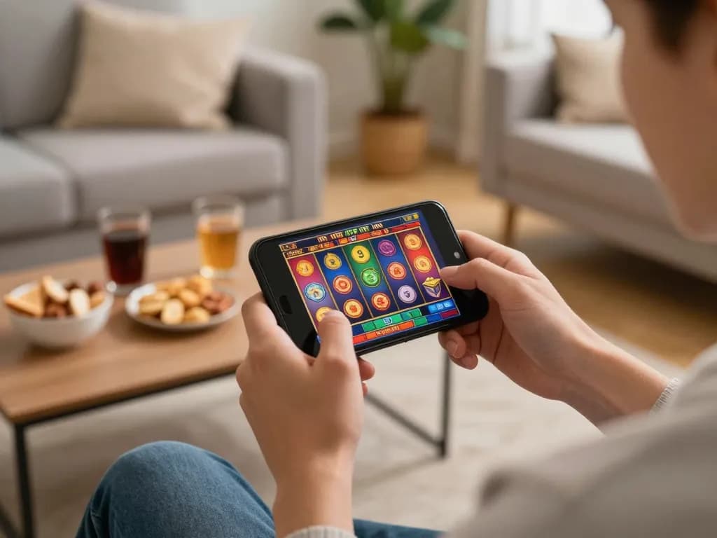 situs slot gaming on smartphone in a cozy living room, emphasizing responsible gaming.