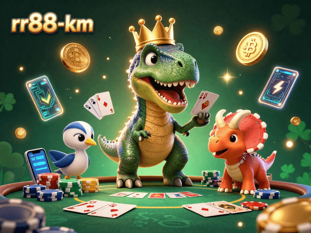 Engage in dynamic poker action at rr88-km with a T-Rex and friends surrounded by vibrant casino elements.