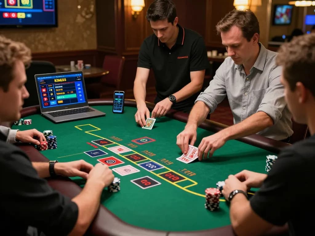 king33 players engaging in a live dealer blackjack game, showcasing excitement and strategic gameplay.