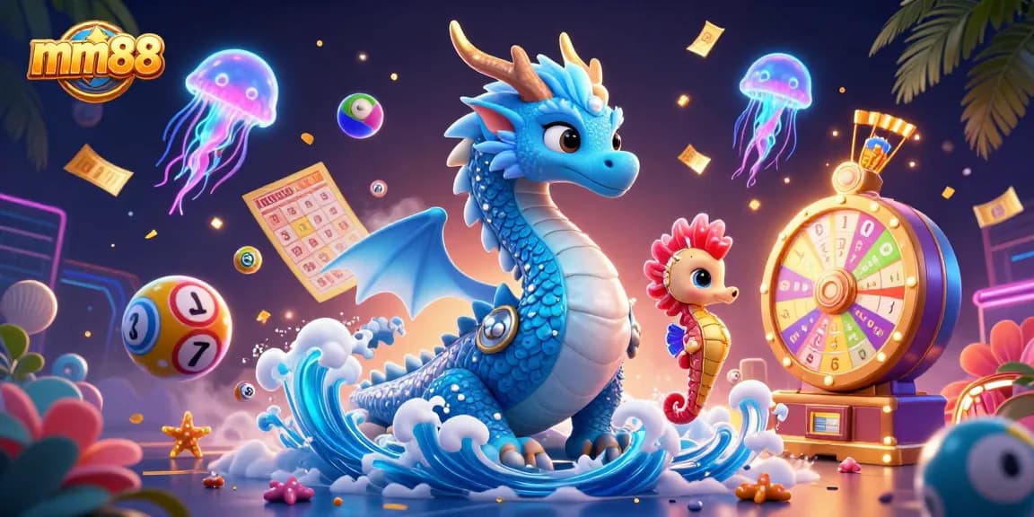 Experience winning moments at mm88 with a vibrant 3D illustration showcasing lottery excitement and ocean-themed characters.