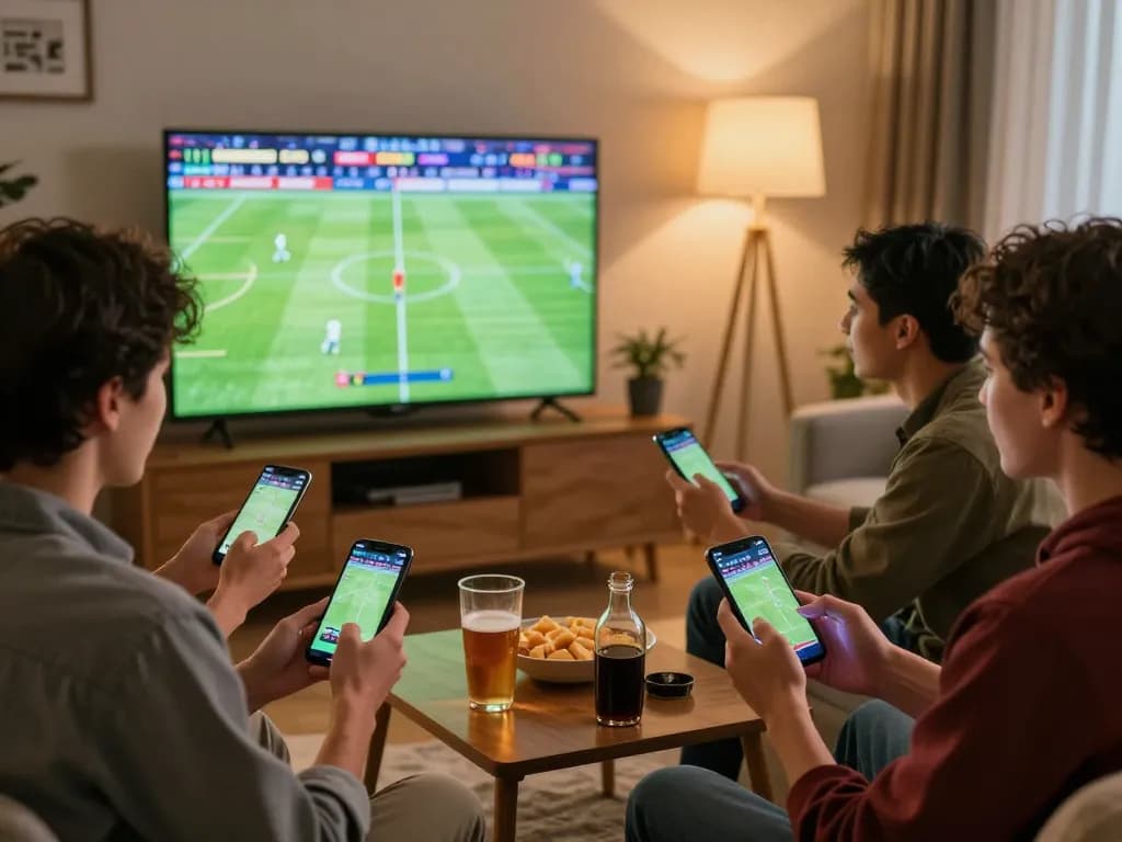 Soi kèo bóng đá strategy in action, friends engaging in sports betting with smartphones during a live match.