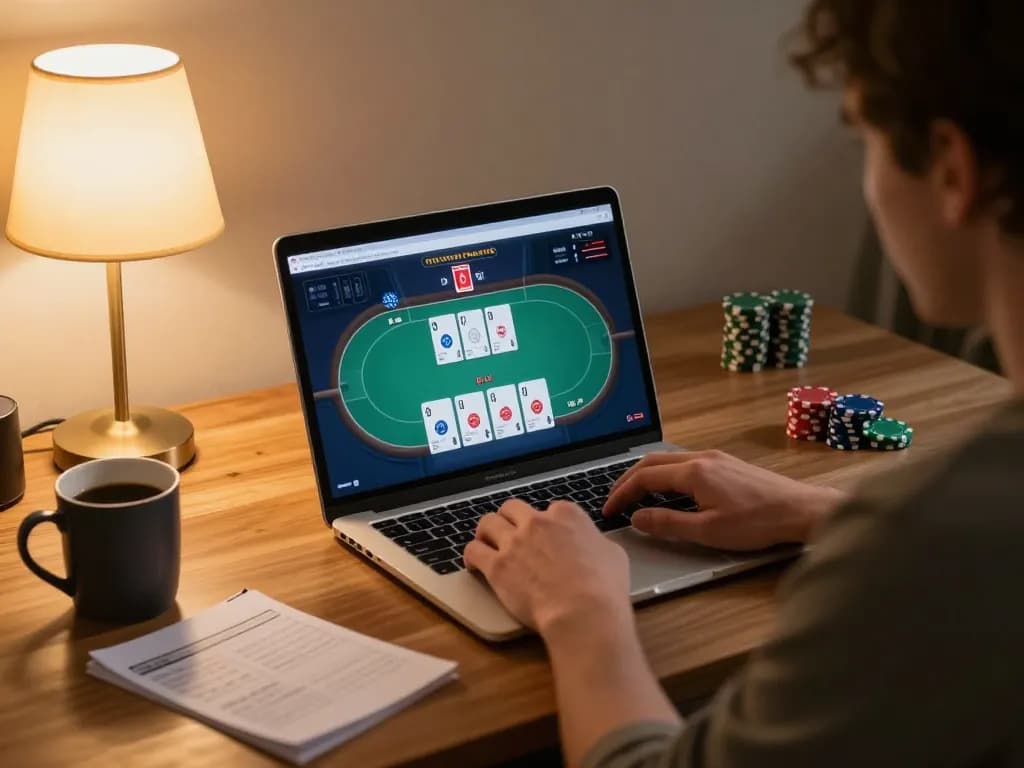 Pemain yang terlibat dalam sesi perjudian online dengan aman788, menampilkan permainan poker di laptop.