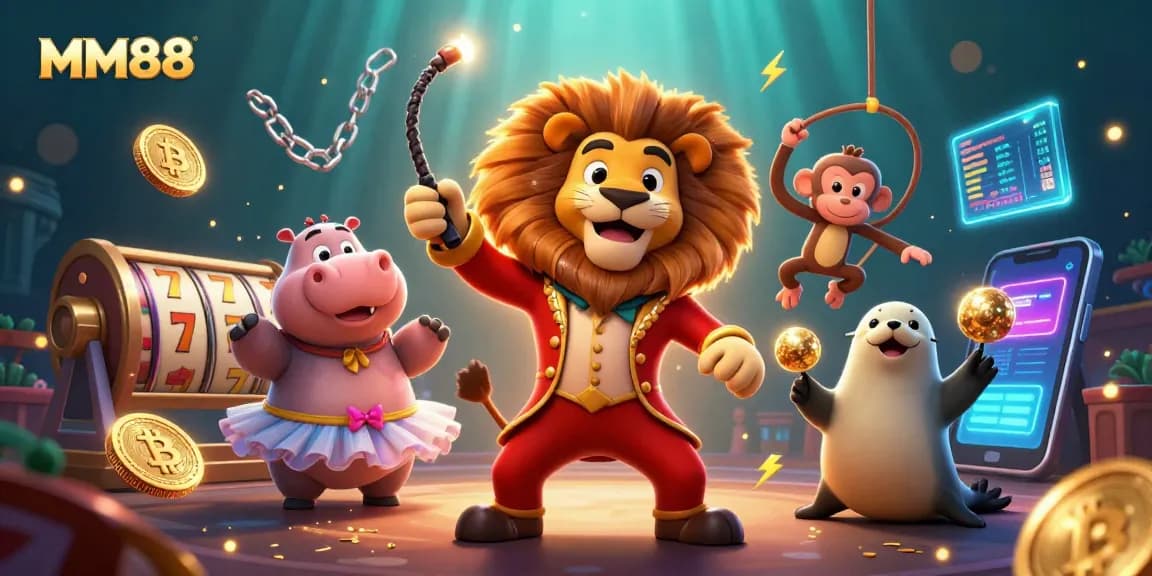 Experience the thrilling MM88 casino with lively characters and vibrant slot reels in a colorful scene.
