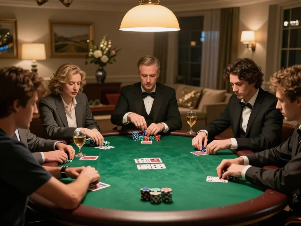 Engaged players at a LGOGOAL poker game in a cozy setting, showcasing strategic bets and social interaction.
