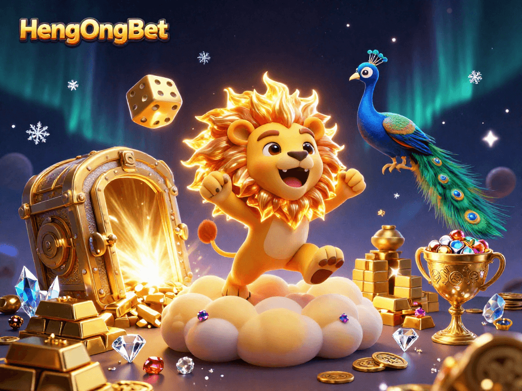 Engage in thrilling gameplay with HengOngBet, featuring a lion, golden dice, and vibrant gems.