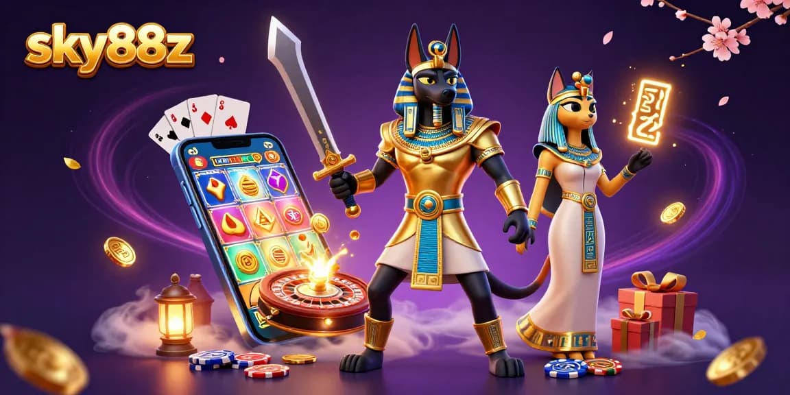 Activate winning spins at sky88z with Anubis and Bastet surrounded by vibrant casino elements.