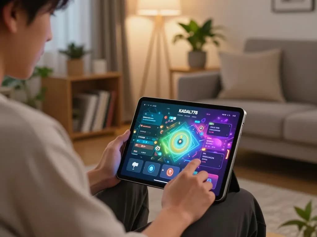 KADAL778 player engaging with exciting online games on a tablet in a cozy living room.