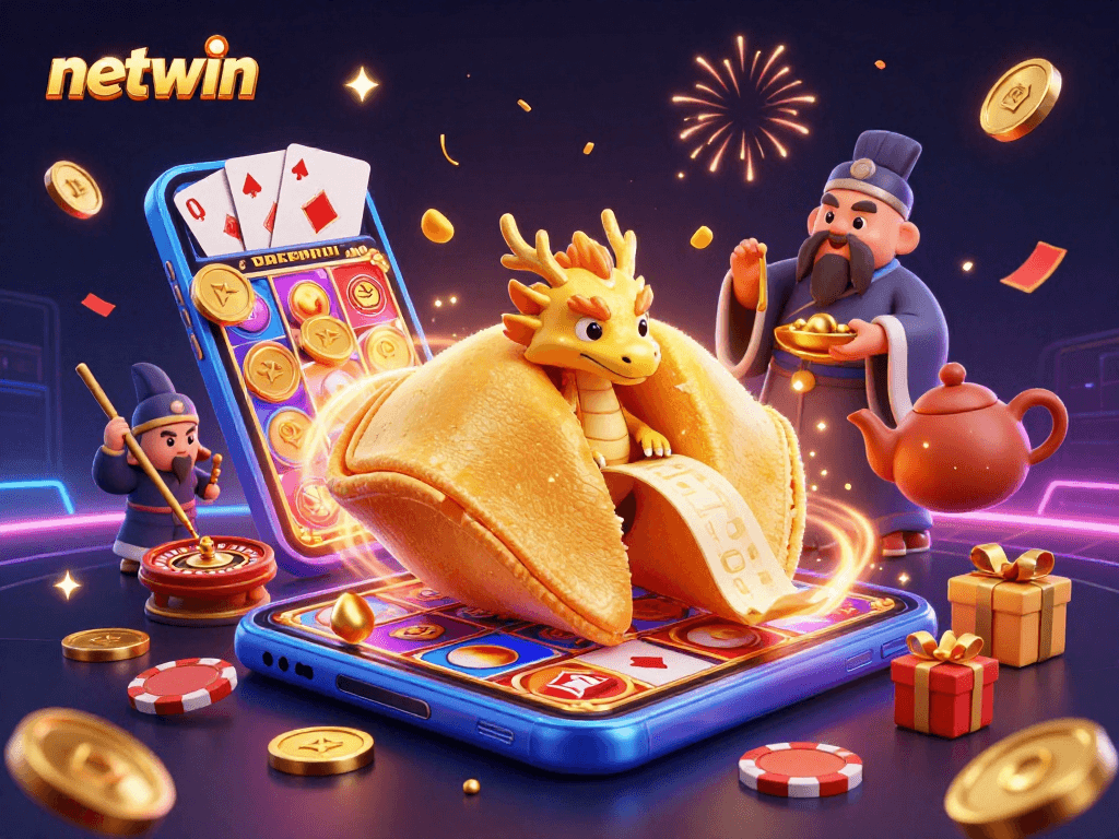 Win big at Netwin with a thrilling slot game showdown featuring a wise dragon and celebratory elements.