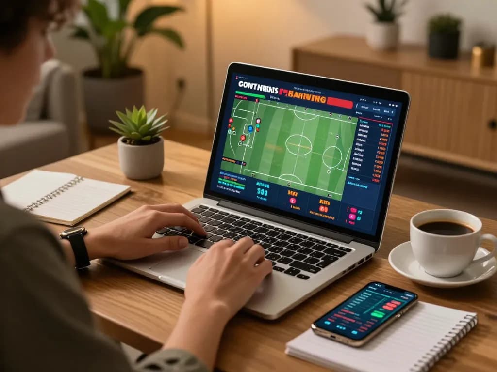 Excited gambler checking kèo nhà cái odds on a laptop while enjoying a beverage in a comfortable home setup.
