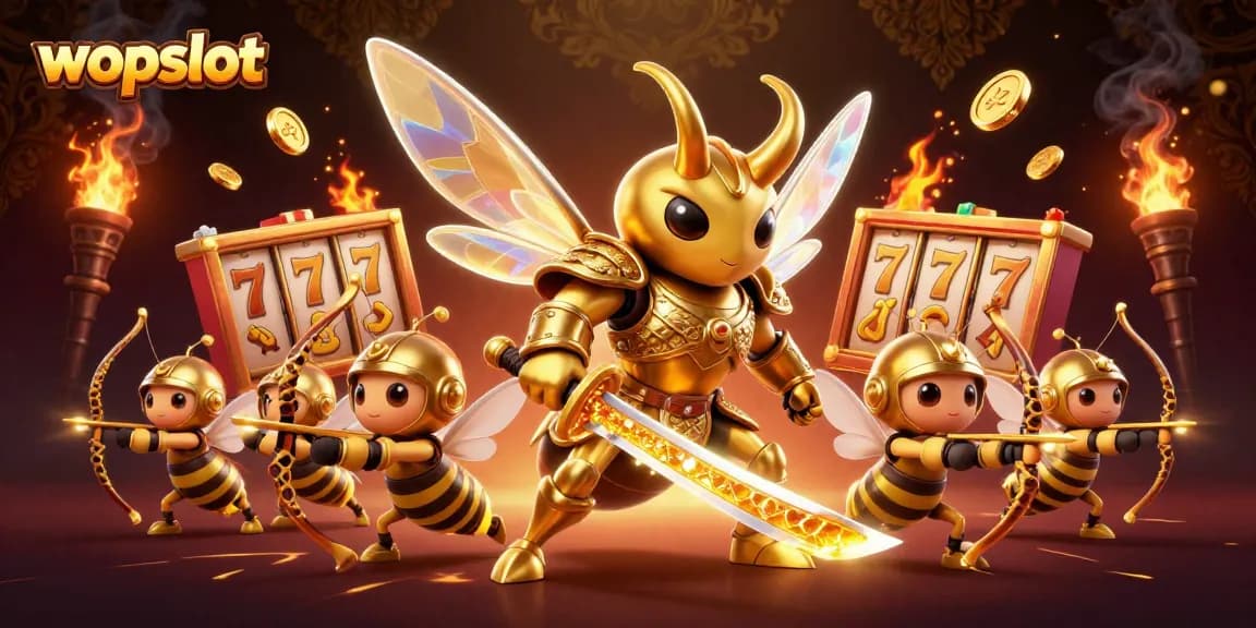 Wopslot enhances gaming excitement with dynamic slot reels and golden characters in action.
