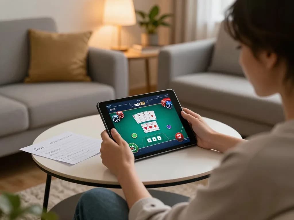 Engaging in an online poker game on net88 tv, while reviewing strategy notes for better gameplay.