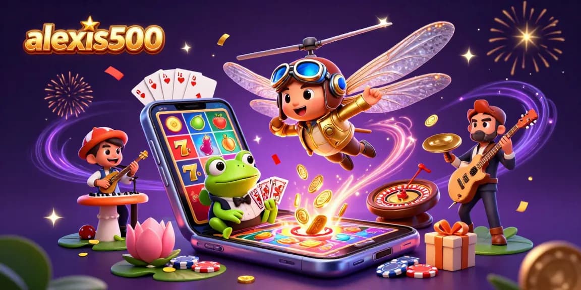 Experience dynamic gaming action with alexis500, featuring slot games, cards, and exciting casino elements.